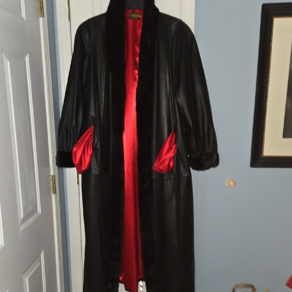 Elegant Women's Black Leather Jacket with Red Accents
